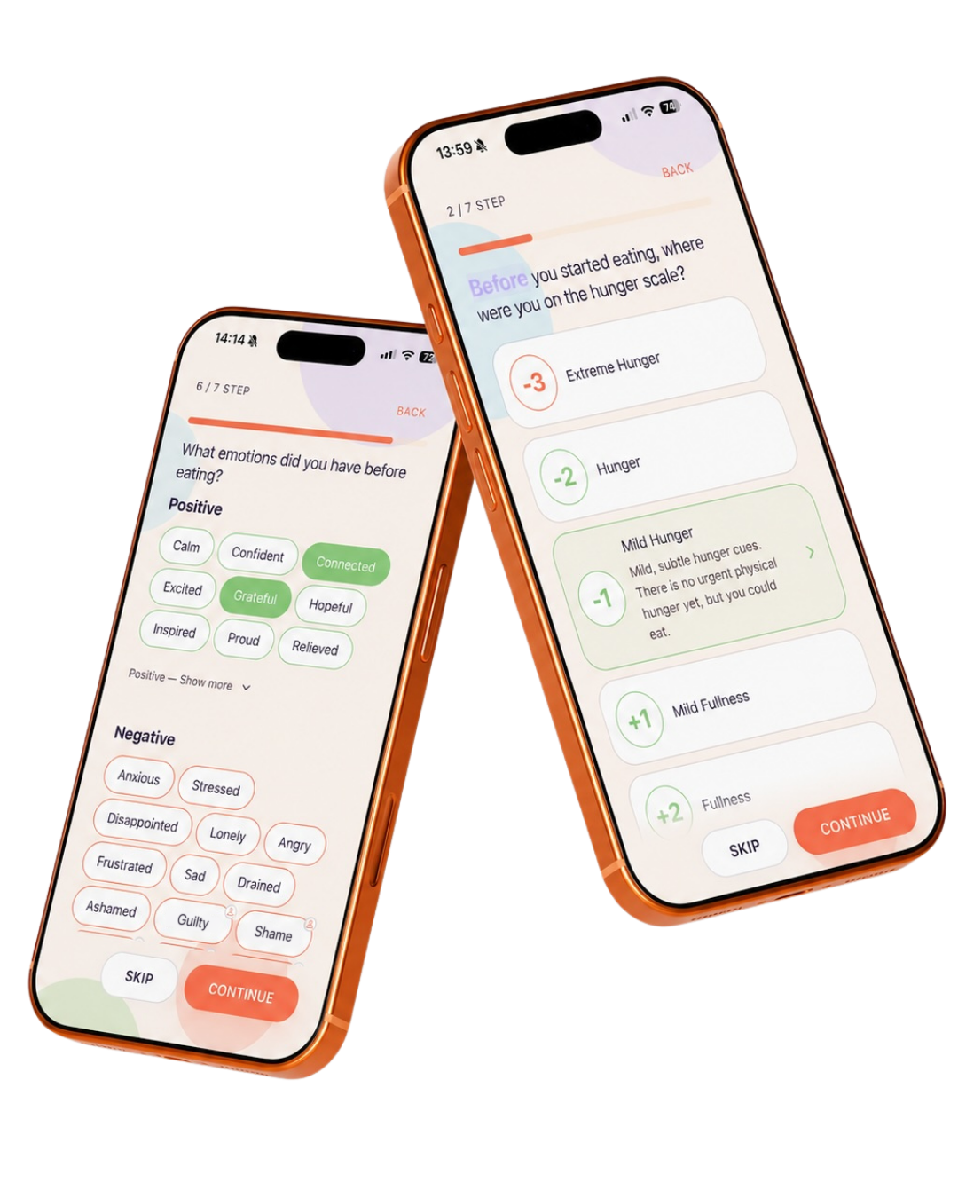 Two Nyami app screens showing hunger and emotion tracking